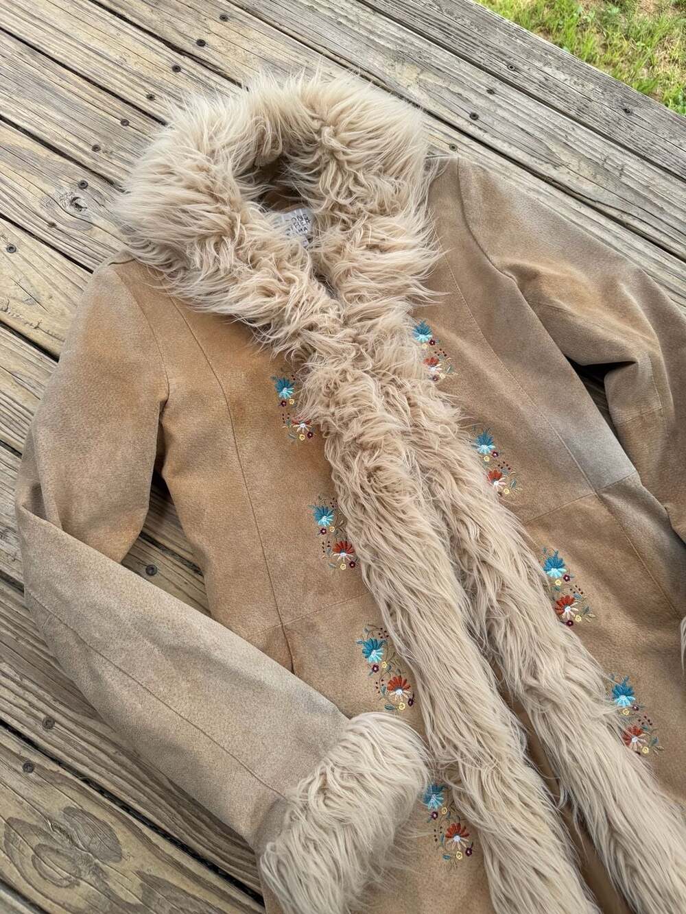 Wilsons Leather Maxima Suede Embroidered Faux Fur Trim Coat Size S